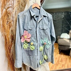 Vintage Upcycled shirt western 3D floral button down fits medium/large 70s